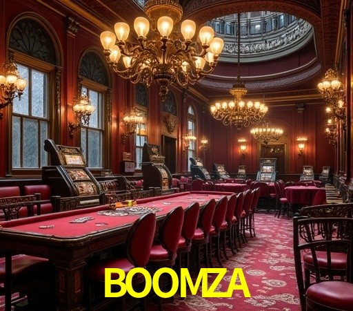 Escena dinámica inspirada en casino con iluminación BOOMZA, cartas, fichas e íconos de juegos digitales en un espacio moderno de juegos.