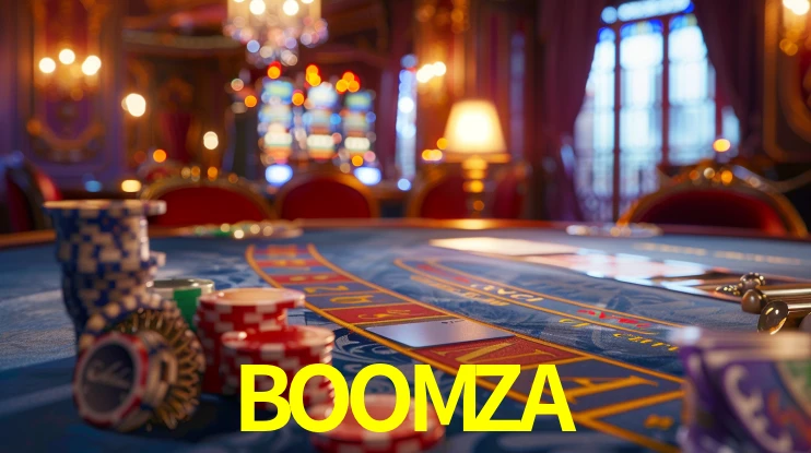 Una escena digital vívida inspirada en casino con BOOMZA mostrado prominentemente, luces brillantes, fichas, cartas y acentos dorados.
